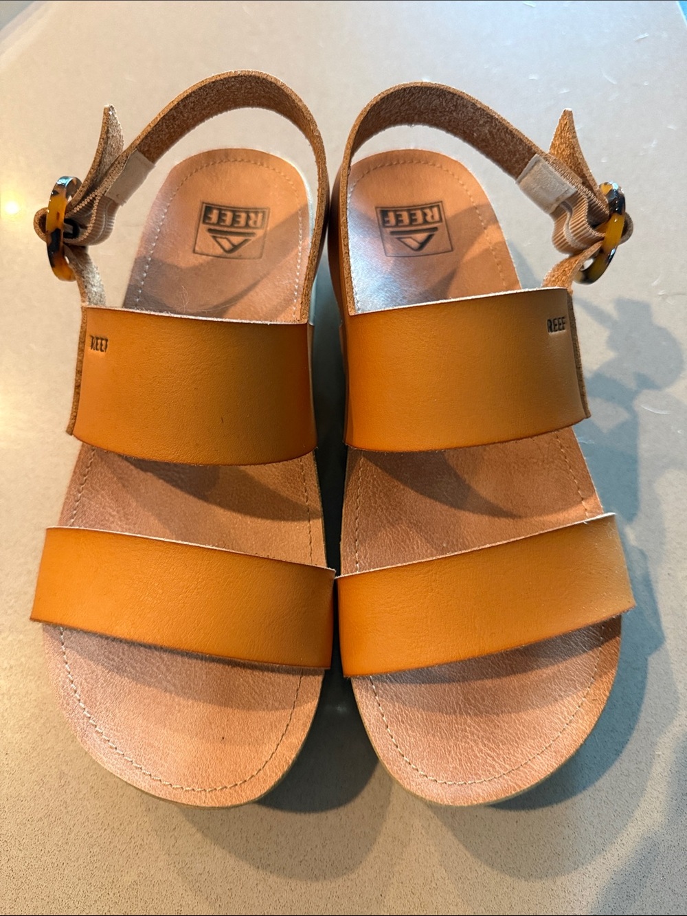 Brand new never worn Reef  Double-Strap Tan/Yellow Leather Sandals